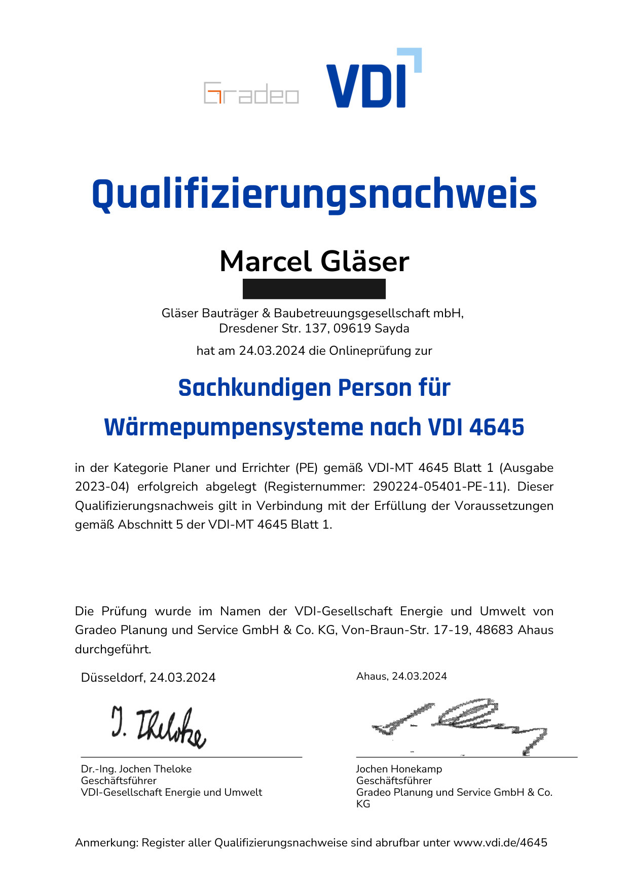 VDI 4645 Qualifizierungsnachweis: Sachkundige Person für Wärmepumpensysteme, Marcel Gläser
